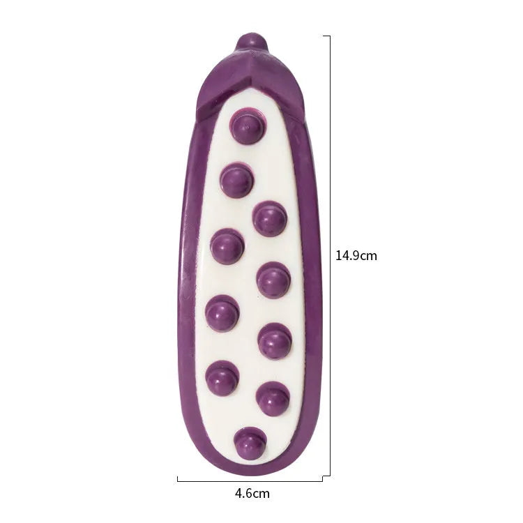 Green and purple biting-resistant meat-scented dog toy shown in large and small sizes for strong chewers