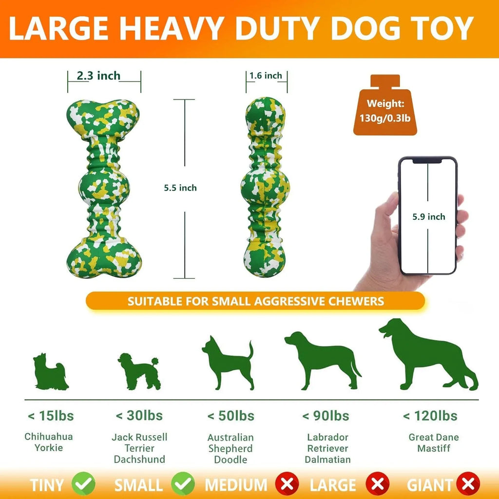 Green and white camouflage patterned natural rubber dog chew toy for large breed dogs