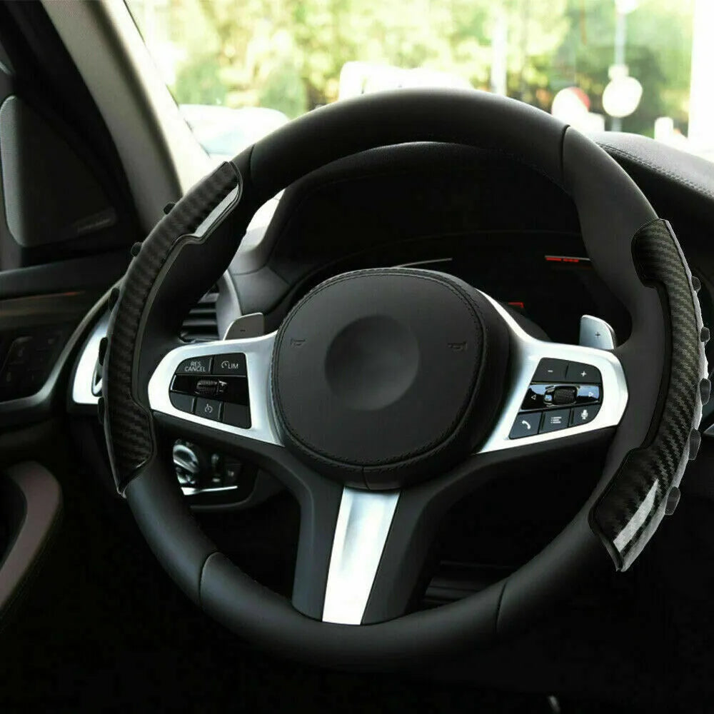 Carbon fibre black fibre steering wheel anti-slip sleeve showing 38cm diameter measurement