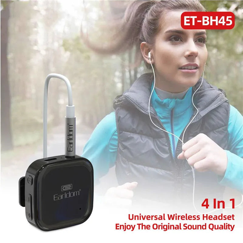 Black Bluetooth audio receiver with lavalier microphone for wireless calls and music.