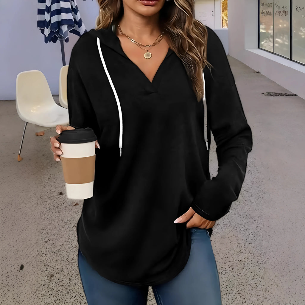 Women's red hooded sweatshirt with V-neck and long sleeves