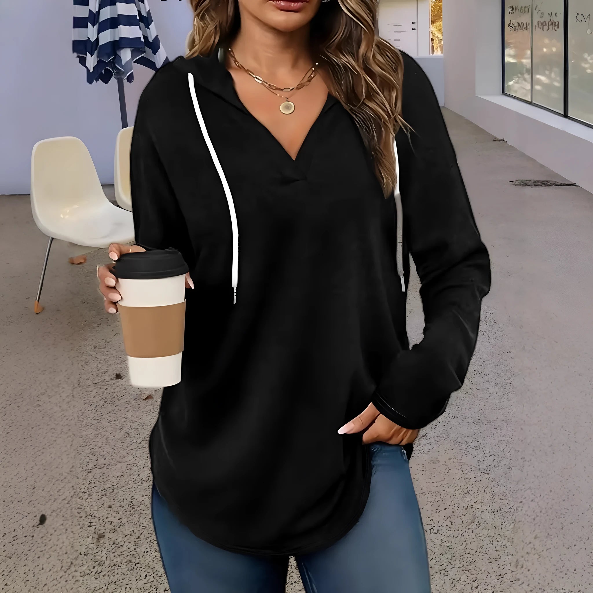Women's red hooded sweatshirt with V-neck and long sleeves