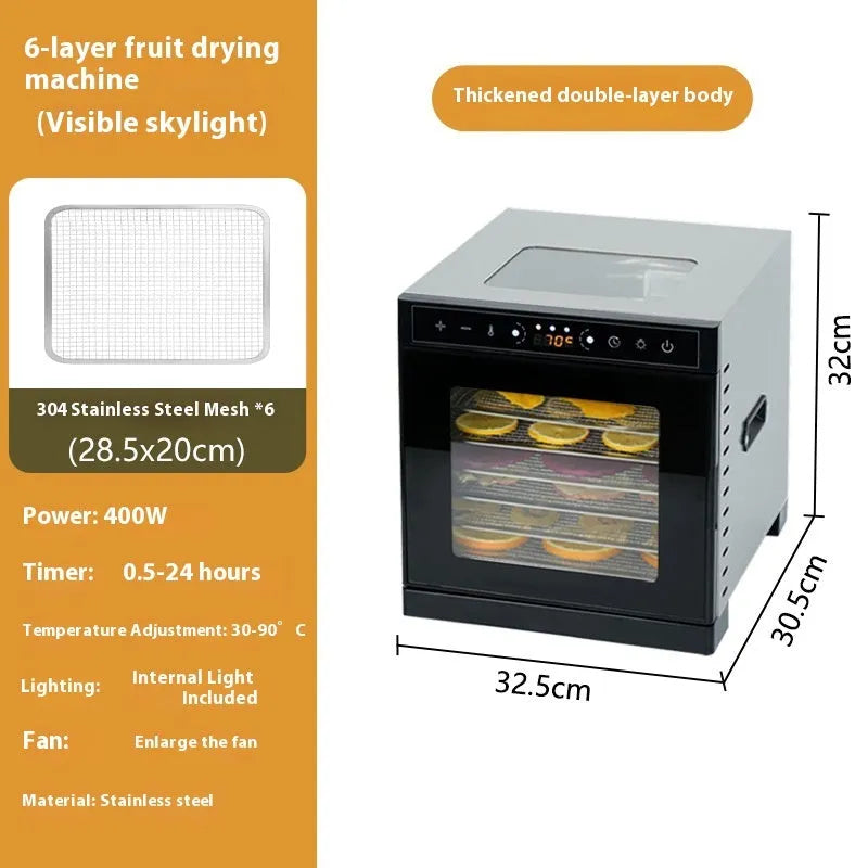 Stainless steel fruit dehydrator with visual skylight window and LED control panel