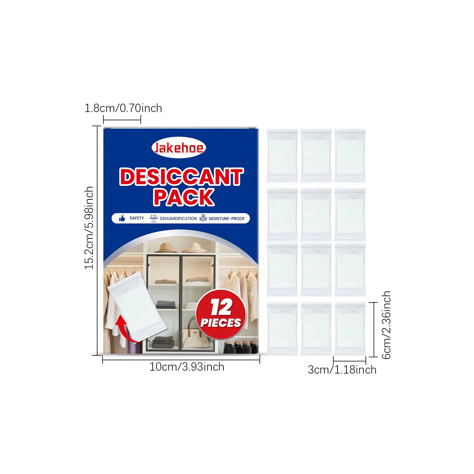 Pack of 12 white calcium chloride anti-odour desiccant bags for home moisture control.