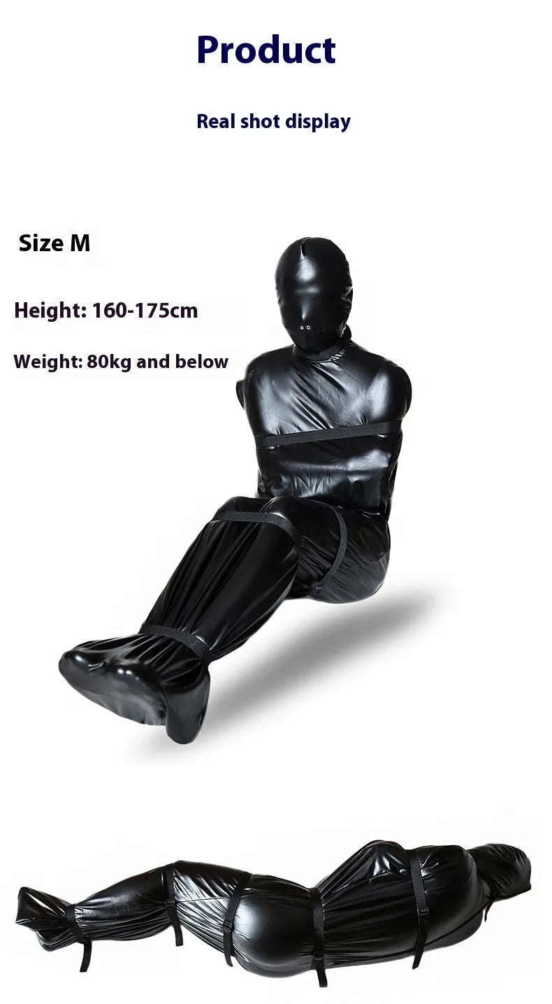 Black patent leather bondage outfit with six ratchet tie down straps