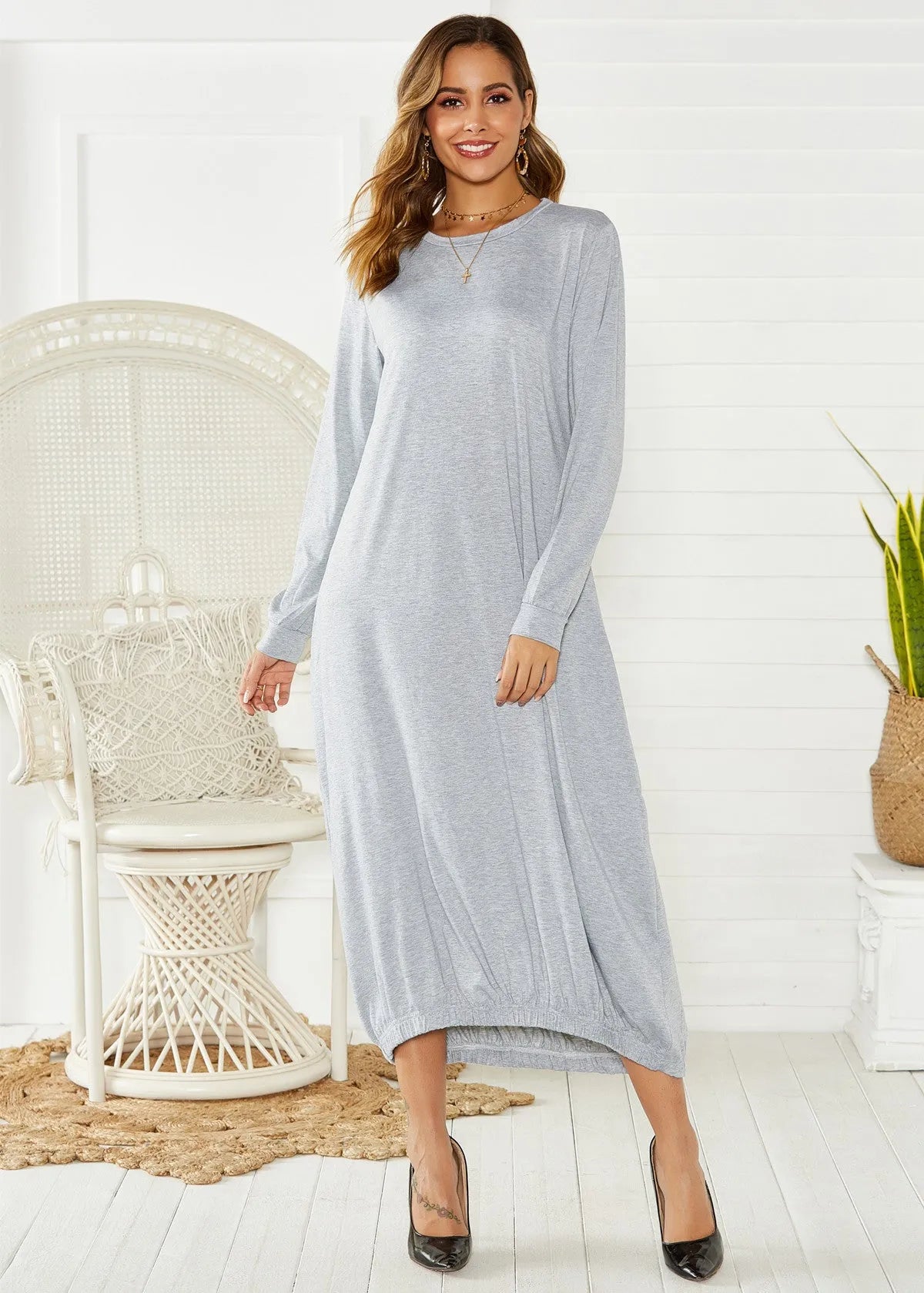 Black loose lantern dress with lace-up crew neck in Japanese Korean casual style