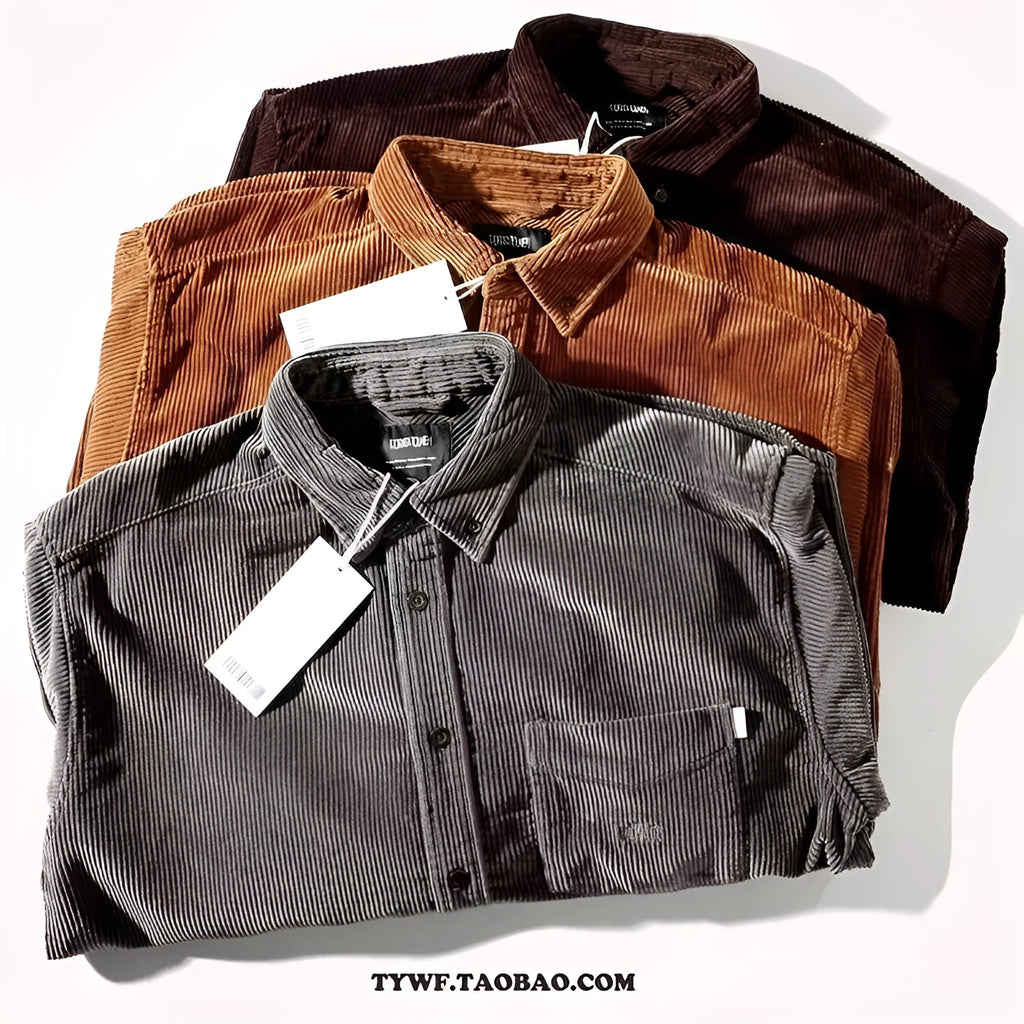 Loose fit corduroy long sleeve shirt in caramel colour, cardigan style with button front