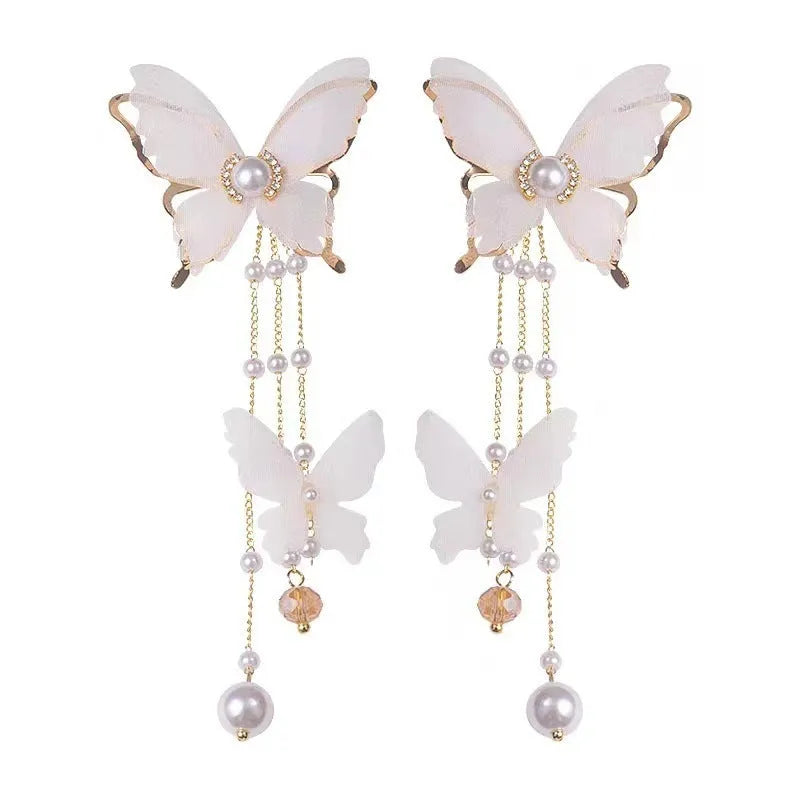 White butterfly tassel lace pearl rhinestone stud earrings for women with copper alloy construction