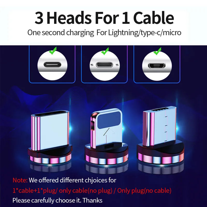 Black magnetic data cable with detachable Android, Apple, and TYPE-C connector heads in 1 metre length