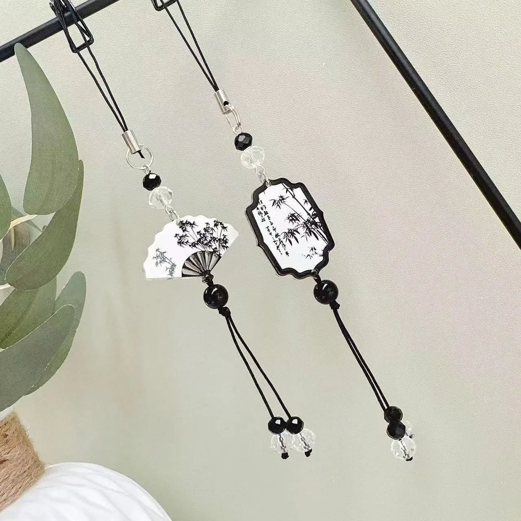 Guofeng style bead pendant keychain with plant and flower patterns in baked varnish finish
