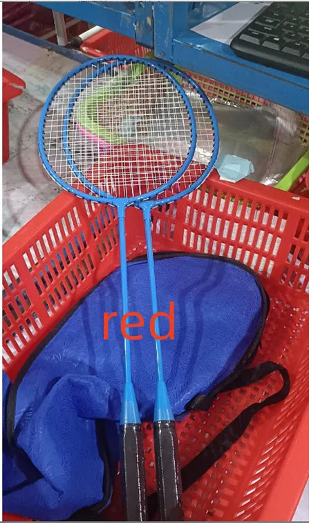 A pair of blue and red ultra-light alloy badminton rackets with steel shafts laid side by side.