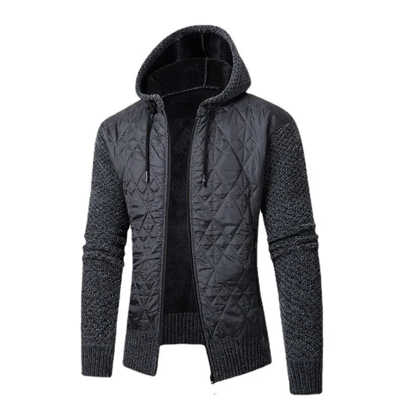 A grey men's hooded corduroy sweater coat with a cinched waist, shown on a hanger.