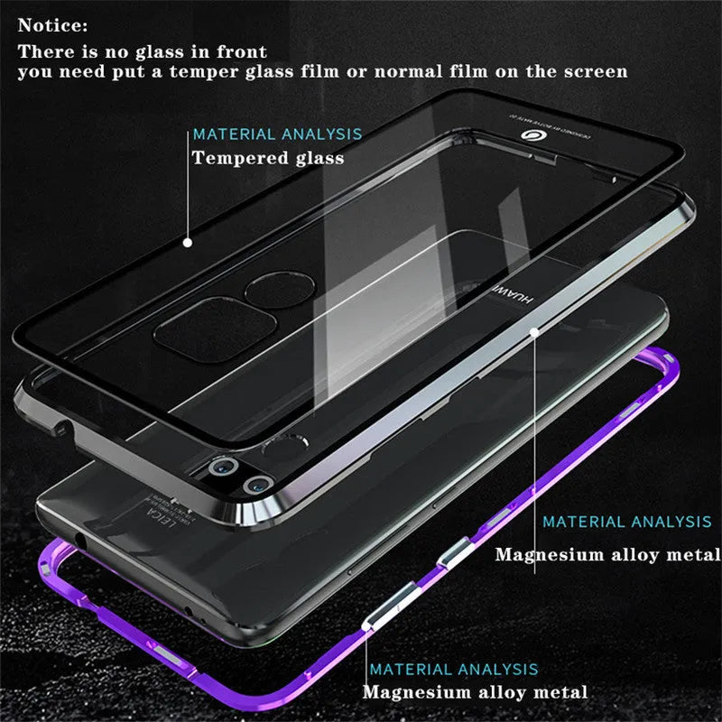 Huawei magnetic phone case with metal frame and tempered glass back in black, blue, red, or white