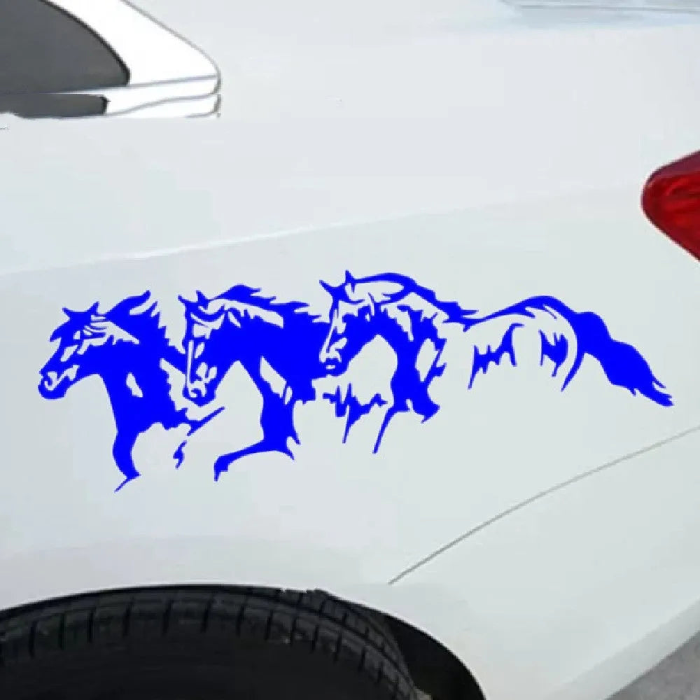 Black, white, red, and blue steed design car decal sticker measuring 25 by 8 centimetres