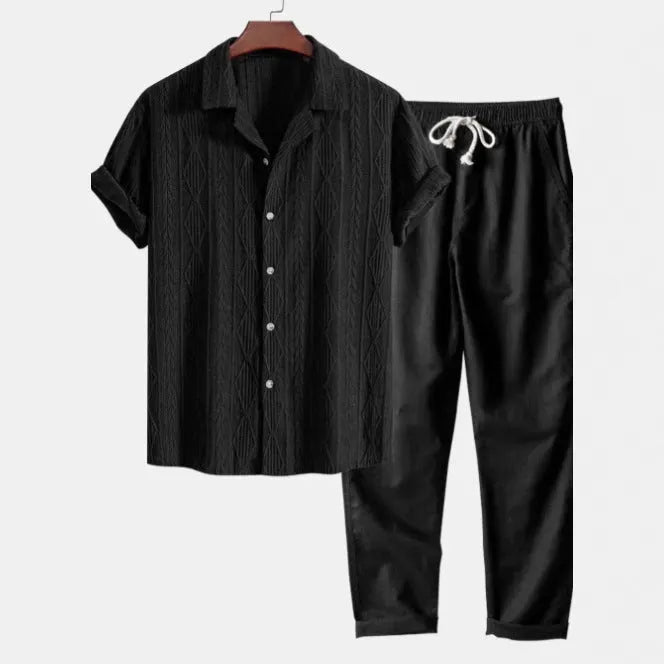 Men's casual short sleeve linen suit set with digital camouflage print in slim fit