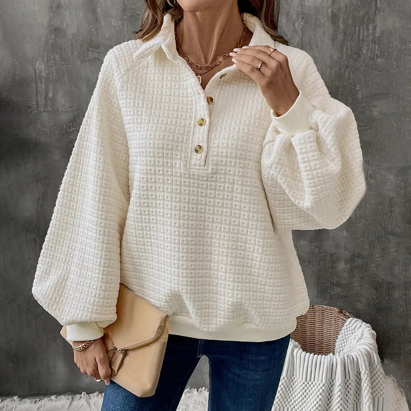 Women's milky white polo collar thick knit sweater with long sleeves