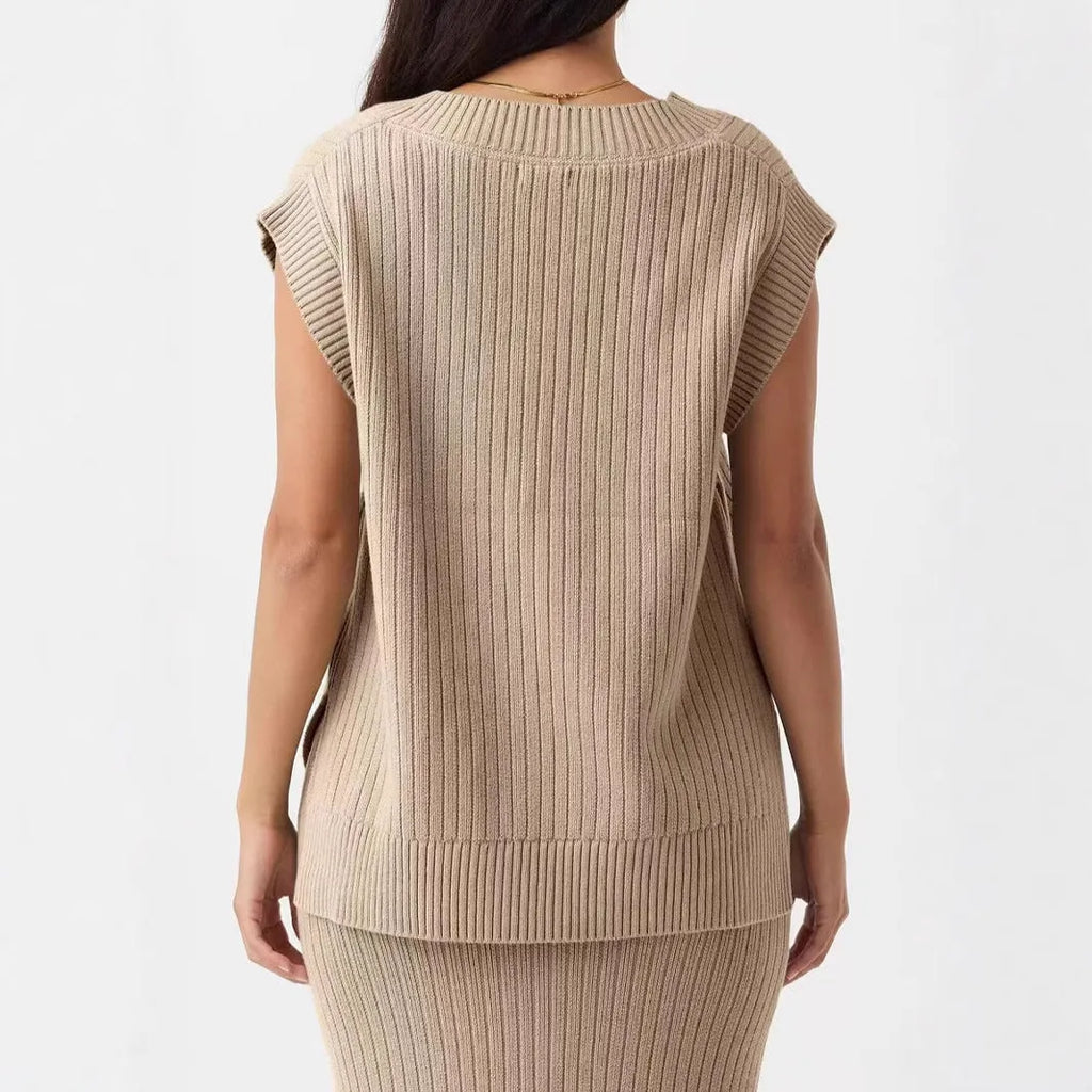 Women's camel coloured V-neck sleeveless pullover vest with loose fit and folding details