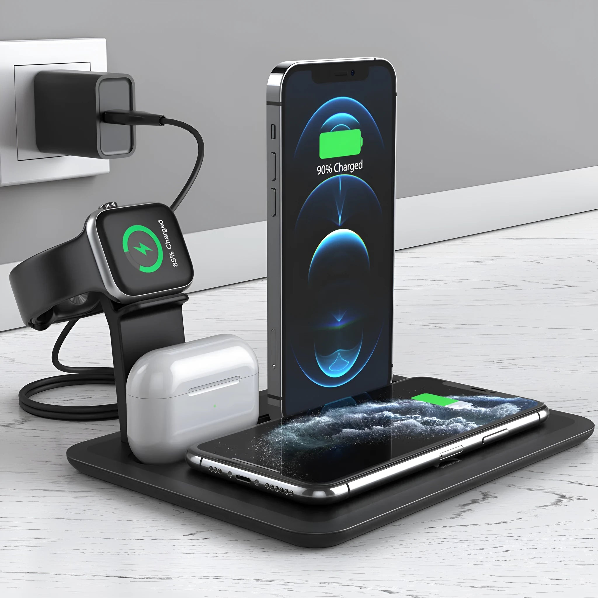 Desktop wireless phone charger with watch and headphone charging outputs in black or white