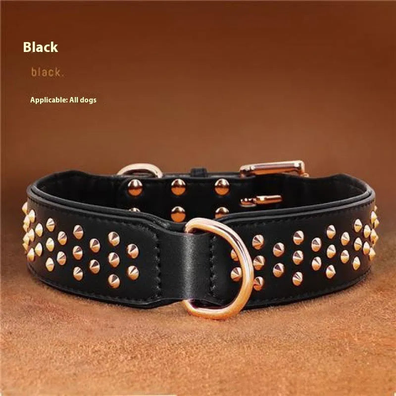 Leather dog collar with rivet construction in black colour showing anti-bite design