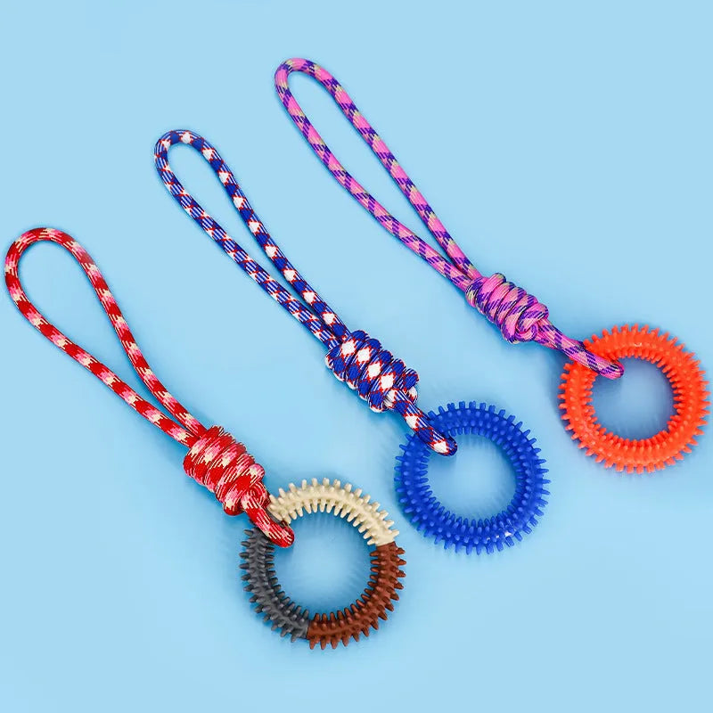 Blue braided rope dog toy with multiple knots, shown on a white background.