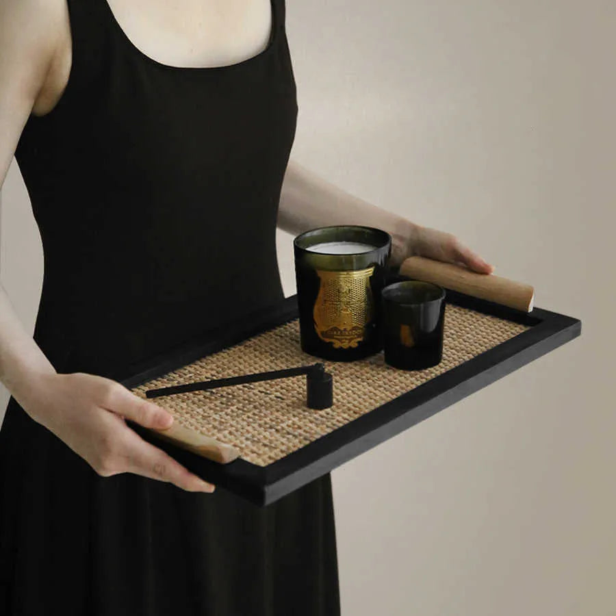 Pine wood dining tray with built-in compartments, shown in small and large size options.