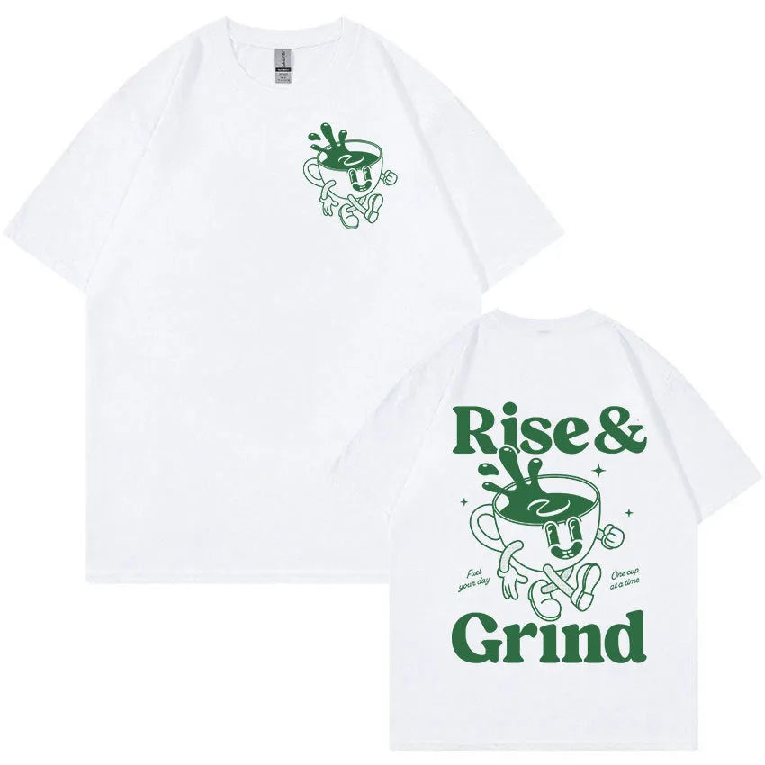 Loose fit linen t-shirt featuring a Rise And Grind Green Coffee Fun Expression Bag Cartoon print.