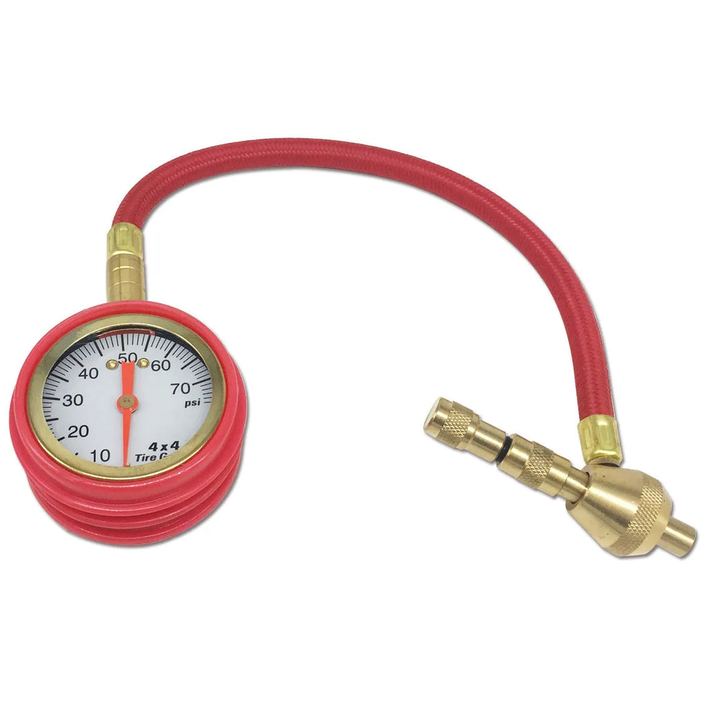Red and black mechanical tyre pressure gauge with deflator for SUV and commercial vehicle tyres.