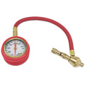 Red and black mechanical tyre pressure gauge with deflator for SUV and commercial vehicle tyres.
