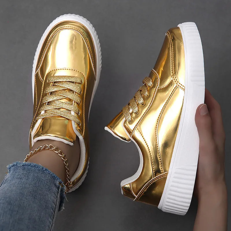 Gold sequins platform sneakers with round toe and 3-5cm heel height