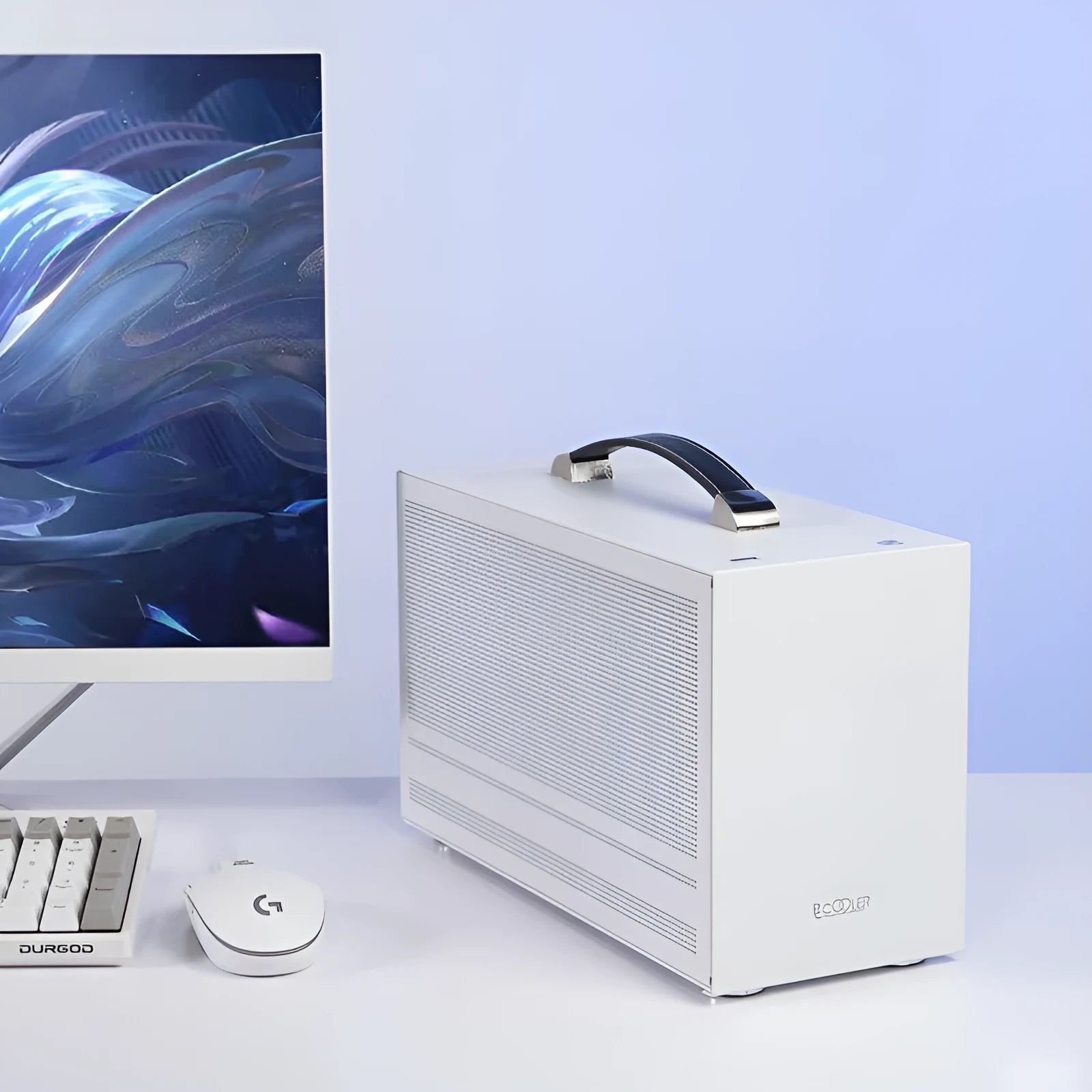 Hummingbird PRO mini-ITX desktop computer chassis in titanium grey and white colours.