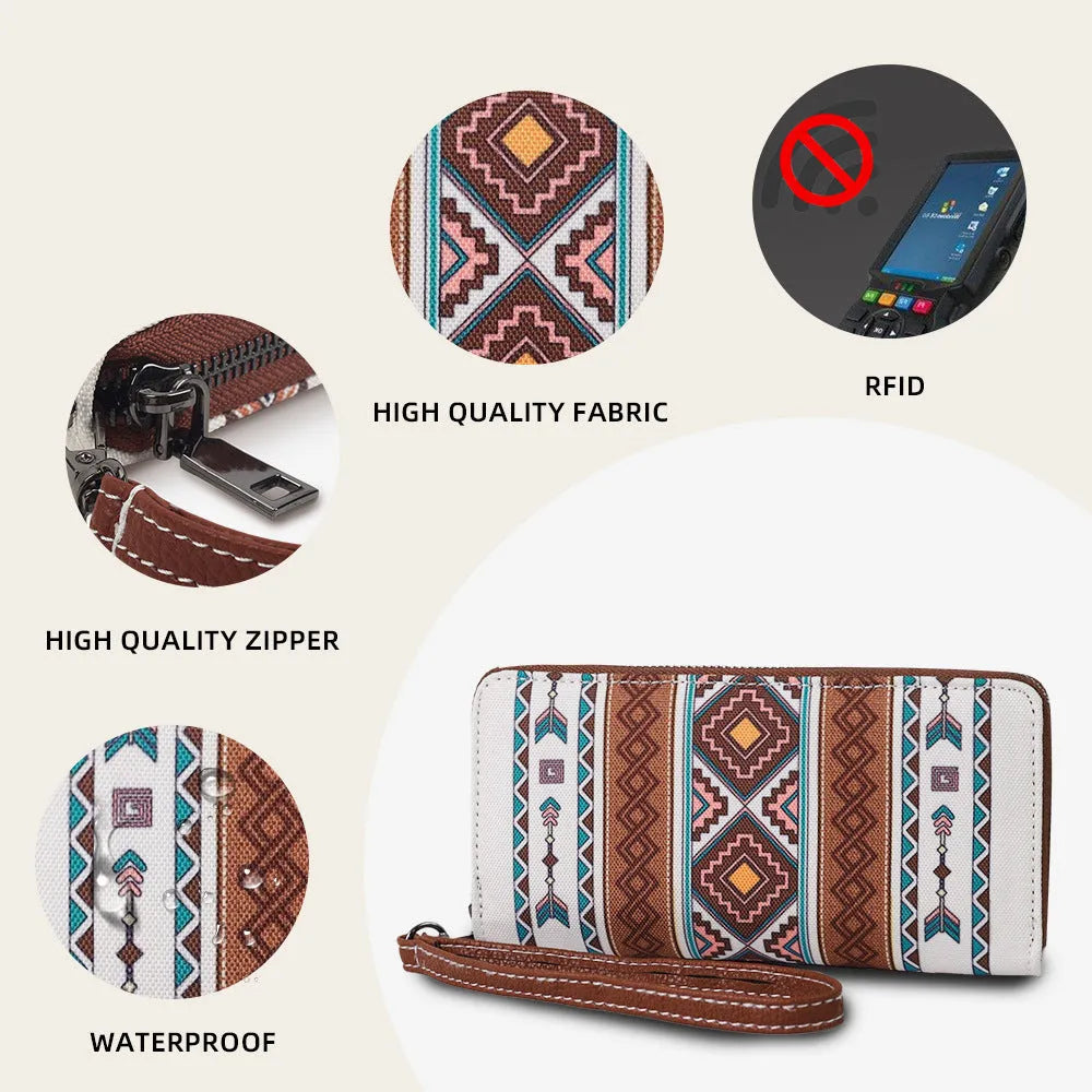 Bohemian striped RFID wallet in canvas with anti-theft card protection measuring 20x10cm