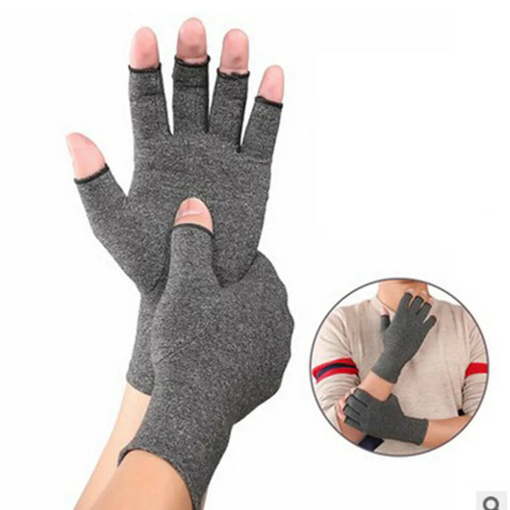 Grey half-finger compression gloves for hand pain relief, shown in a dispensing style