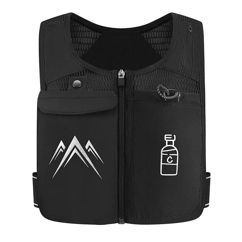 Breathable mesh sports running vest with phone pocket shown in classic black colour