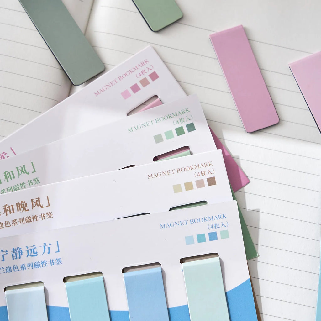 Set of four magnetic bookmarks showing Morandi colour block designs in soft gradients.