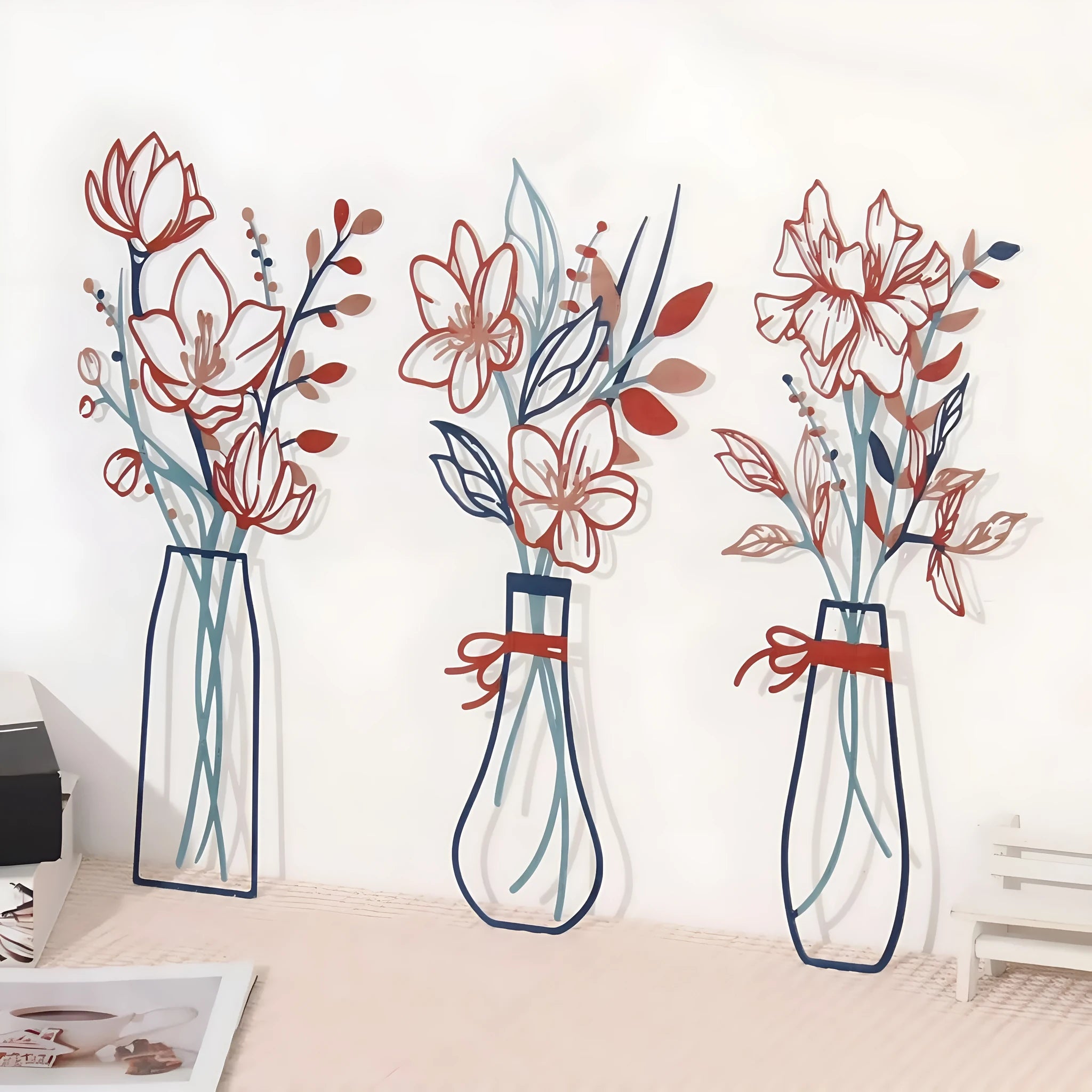 Three-piece metal flowers wall art set in modern farmhouse style with alloy construction