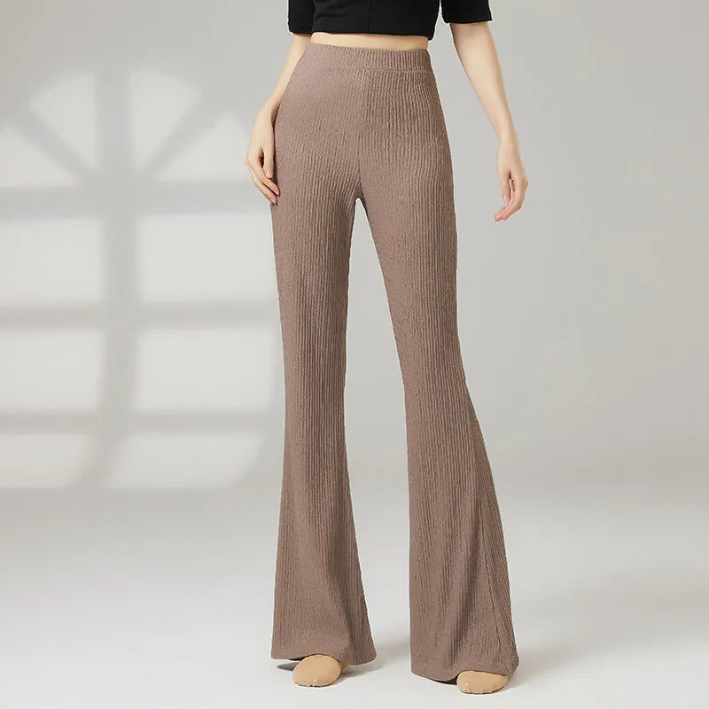 Solid-colour polyester dance practice trousers for women, shown in beige apricot, for ballet and contemporary training.