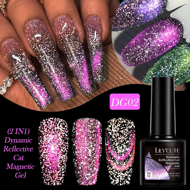 UV cat eye gel nail polish bottles with diamond glitter in six colour variations