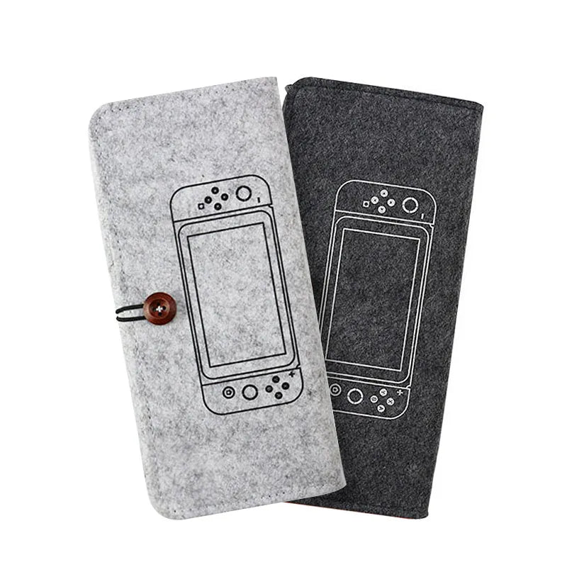 Black felt Nintendo Switch pouch case with game card slots and double layer storage compartments