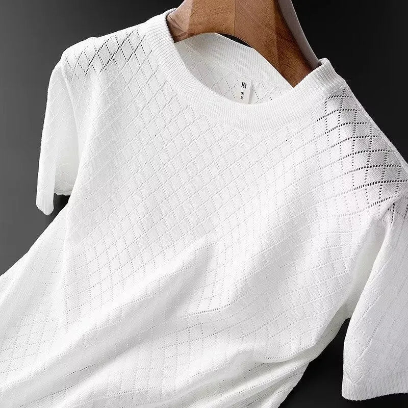 Men's ice silk V-neck t-shirt in black and white colour options with Korean-style design