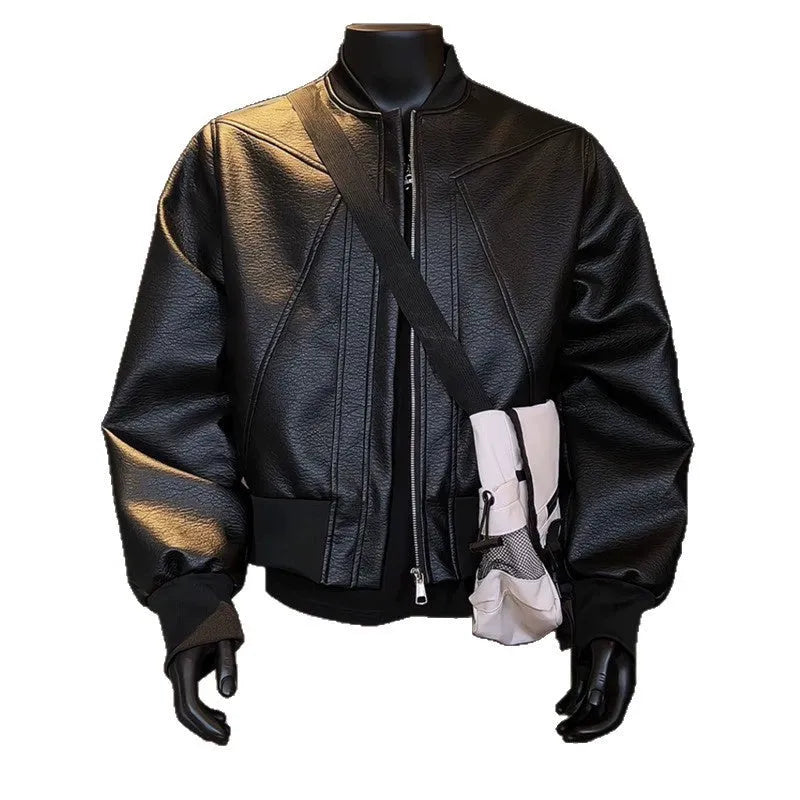 Black PU leather motorcycle jacket with litchi texture and 100cm extended length