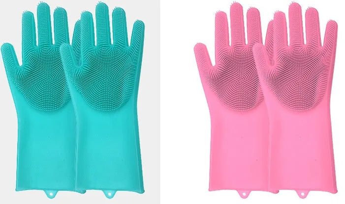 Blue silicone cleaning gloves with textured scrubbing patterns on fingers and palms.