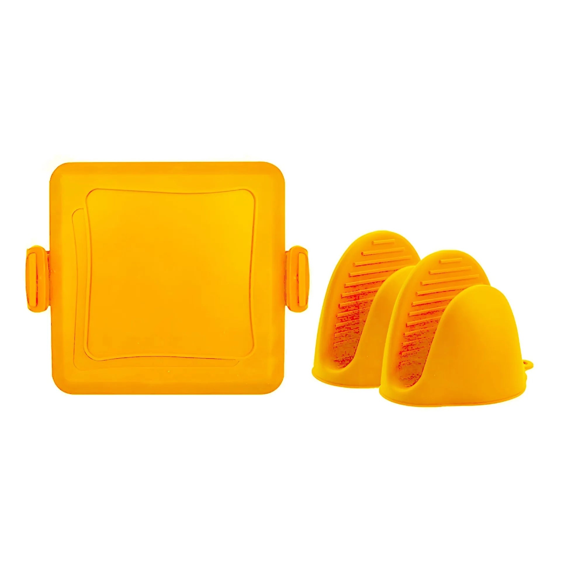 Red silicone baking tray with matching silicone gloves for oven safety