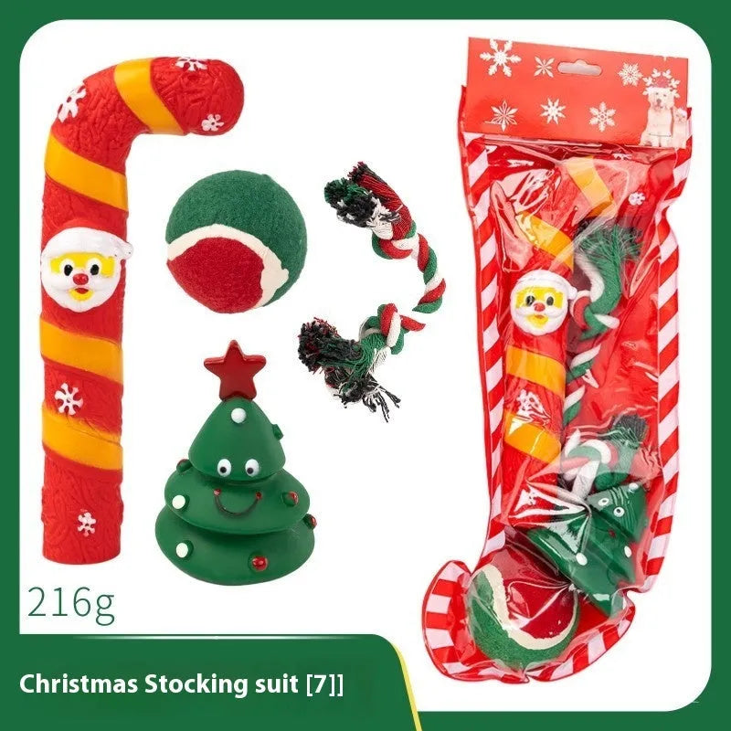 Christmas vinyl dog toy gift sets with barbells, balls, Santa heads, and deer figures for medium and large breeds