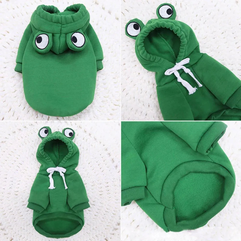 Green frog costume pet hoodie for small dog or cat with hood and detailed size measurements