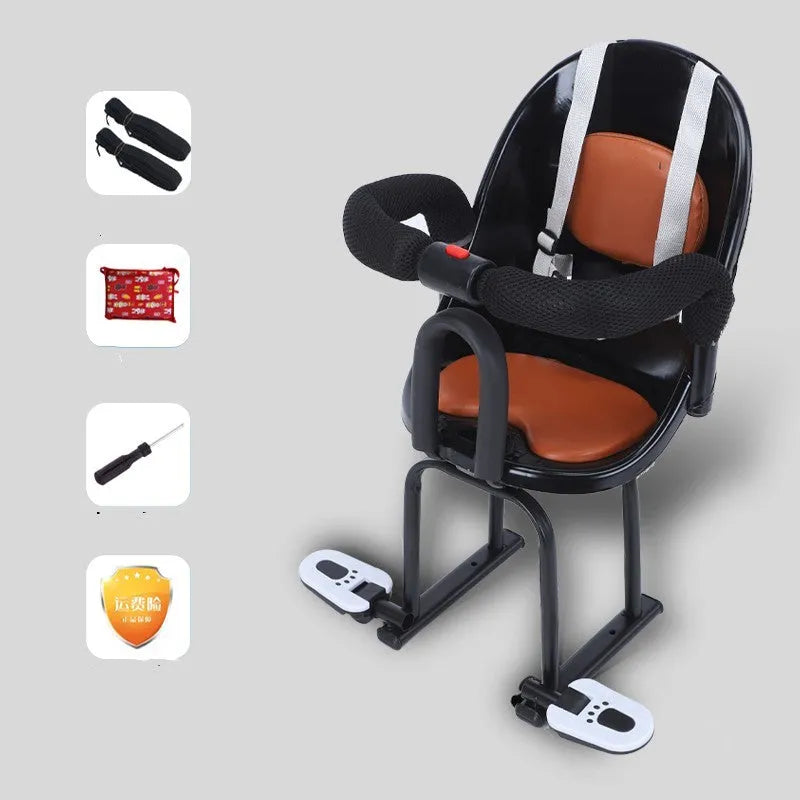Front baby battery scooter safety seat with high carbon steel frame in black, red or white options