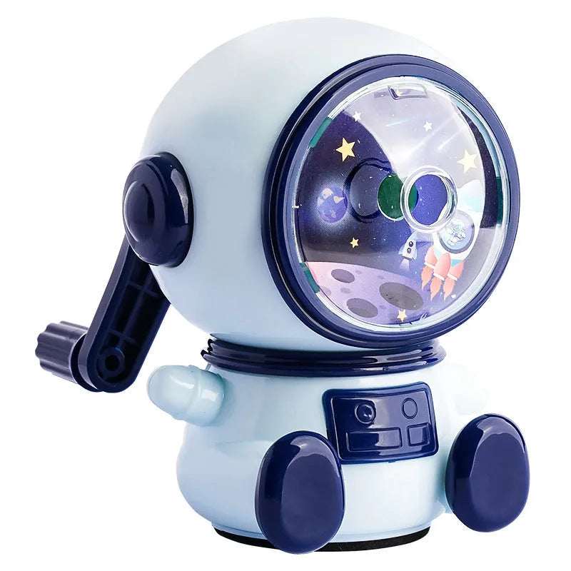 Blue astronaut cartoon pencil sharpener with manual operation and anti-jam mechanism