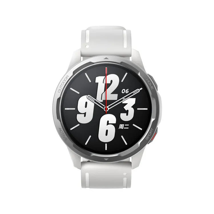 Dual-band GPS smart watch with 1.43-inch screen in black, white, or blue colour with silicone strap.