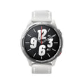 Dual-band GPS smart watch with 1.43-inch screen in black, white, or blue colour with silicone strap.