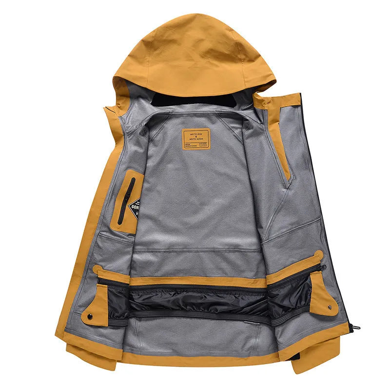 Thin veneer double plate ski suit for men and women in yellow, black, grey, or liner.