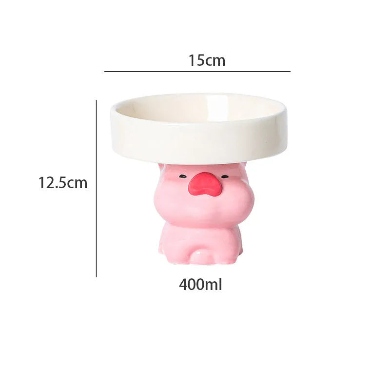 Ceramic raised cat bowl in animal theme design on white background